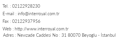 nterroyal Hotel telefon numaralar, faks, e-mail, posta adresi ve iletiim bilgileri